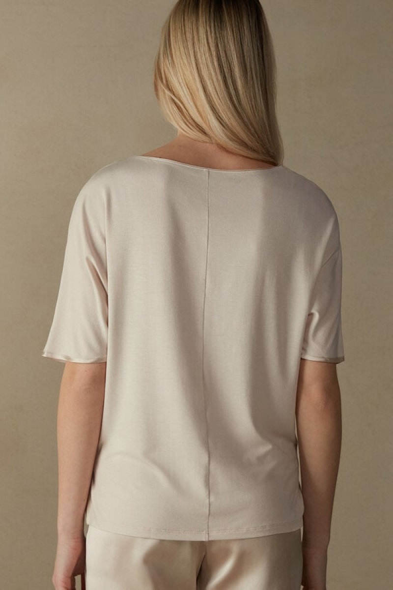 Dámské Short Sleeve Intimissimi Silk and Modal Top Růžové | CZ NB4201