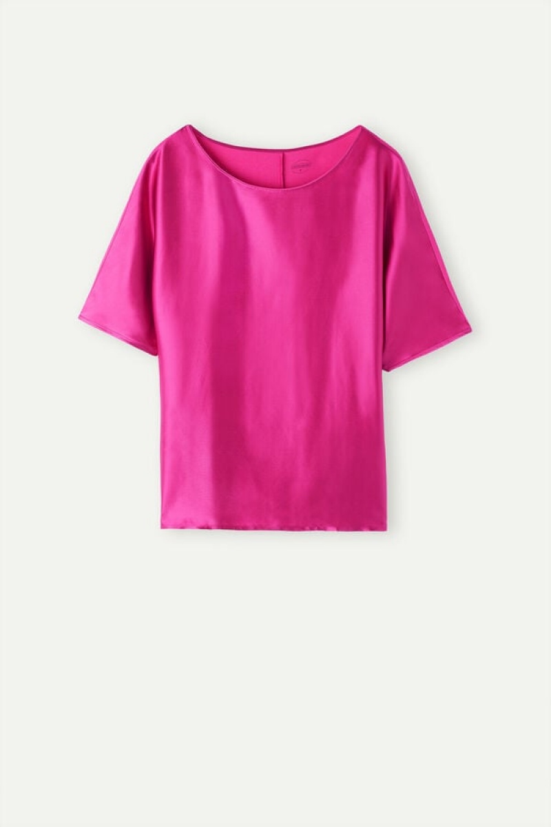 Dámské Short Sleeve Intimissimi Silk and Modal Top Růžové | CZ RW4196