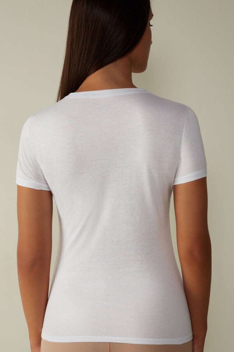 Dámské Short Sleeve Intimissimi T-shirt in Ultrafresh Supima® Bavlněné Bílé | CZ PQ4215