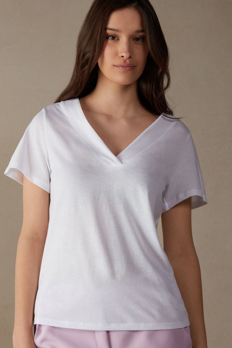 Dámské Short Sleeve Intimissimi V-neck Top in Supima® Ultrafresh Bavlněné Bílé | CZ MA4200