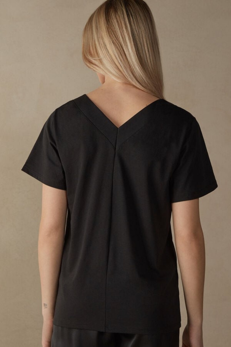 Dámské Short Sleeve Intimissimi V-neck Top in Supima® Ultrafresh Bavlněné Černé | CZ QZ4199