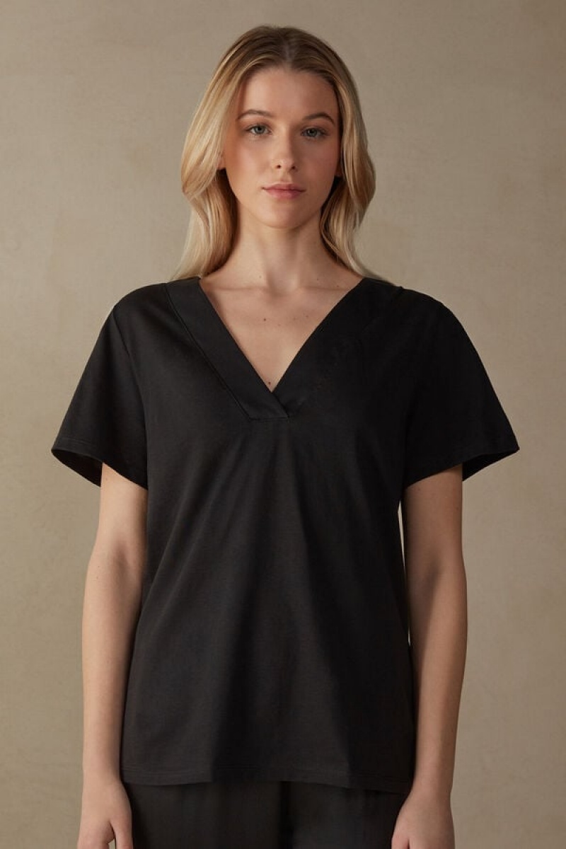 Dámské Short Sleeve Intimissimi V-neck Top in Supima® Ultrafresh Bavlněné Černé | CZ QZ4199