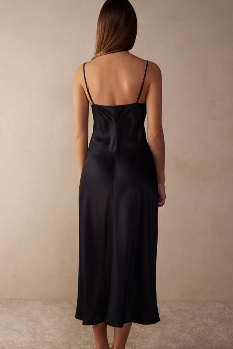 Dámské Spodní Prádlo Intimissimi Midi-Length Slip in Silk Černé | CZ WY4146