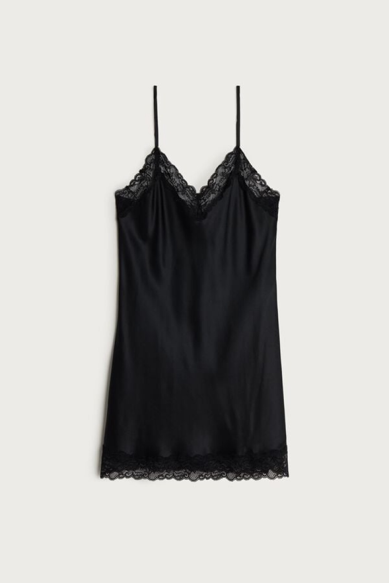 Dámské Spodní Prádlo Intimissimi Silk Slip with Krajkové Insert Detail Černé | CZ EX4145