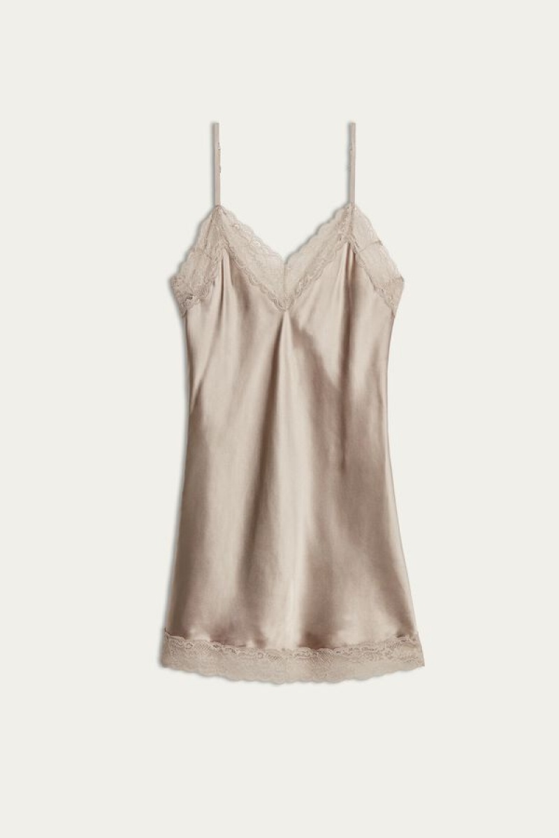 Dámské Spodní Prádlo Intimissimi Silk Slip with Krajkové Insert Detail Béžový | CZ JJ4130