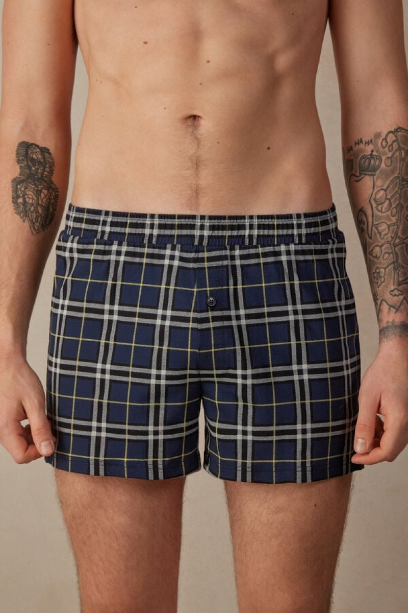 Pánské Boxer Intimissimi Tartan Patterned Bavlněné Jersey Relaxed Fit Blankyt Žluté | CZ HK3429