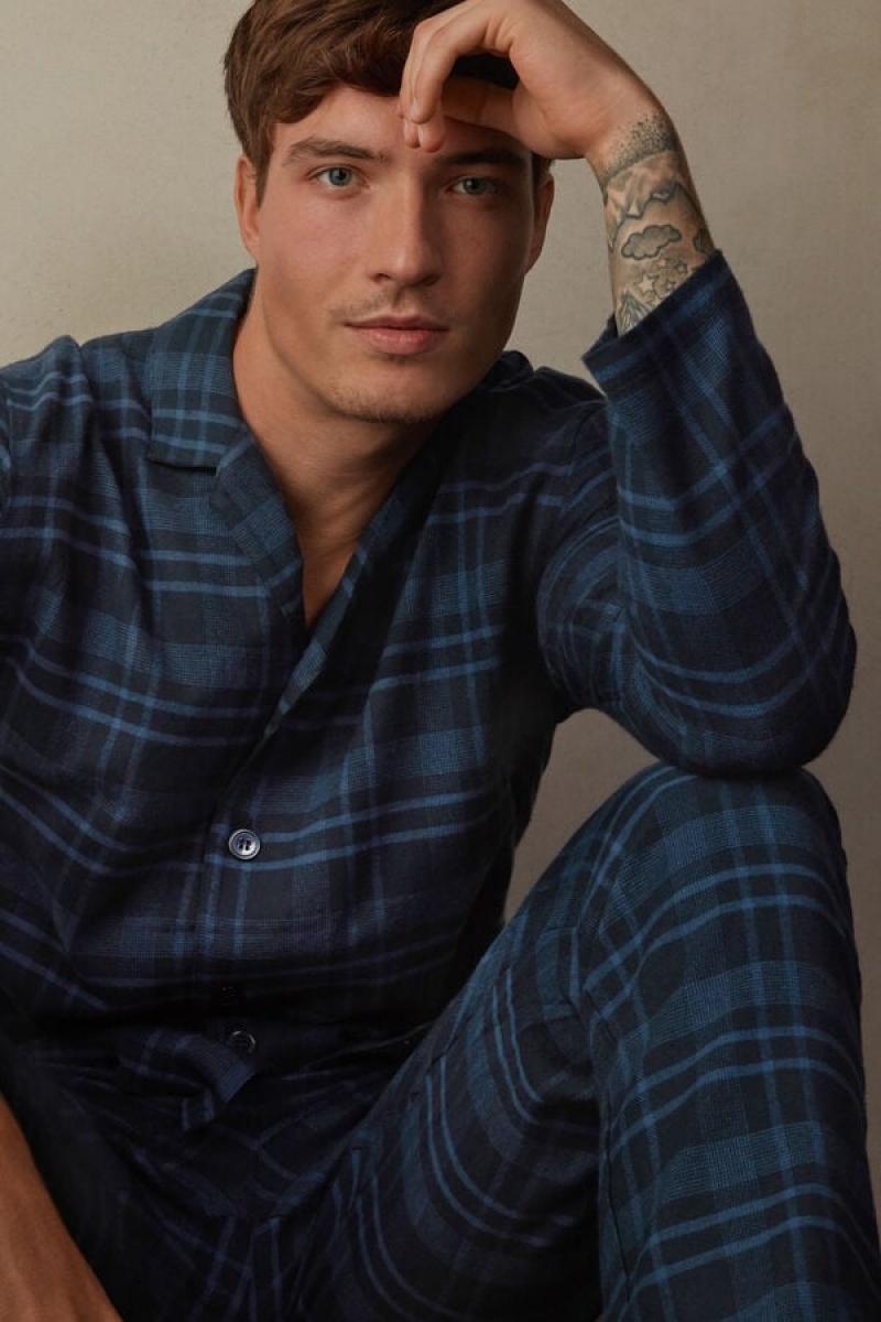 Pánské Pyžama Intimissimi Full Length in Brushed Blue Check Patterned Cloth Blankyt | CZ HK3138