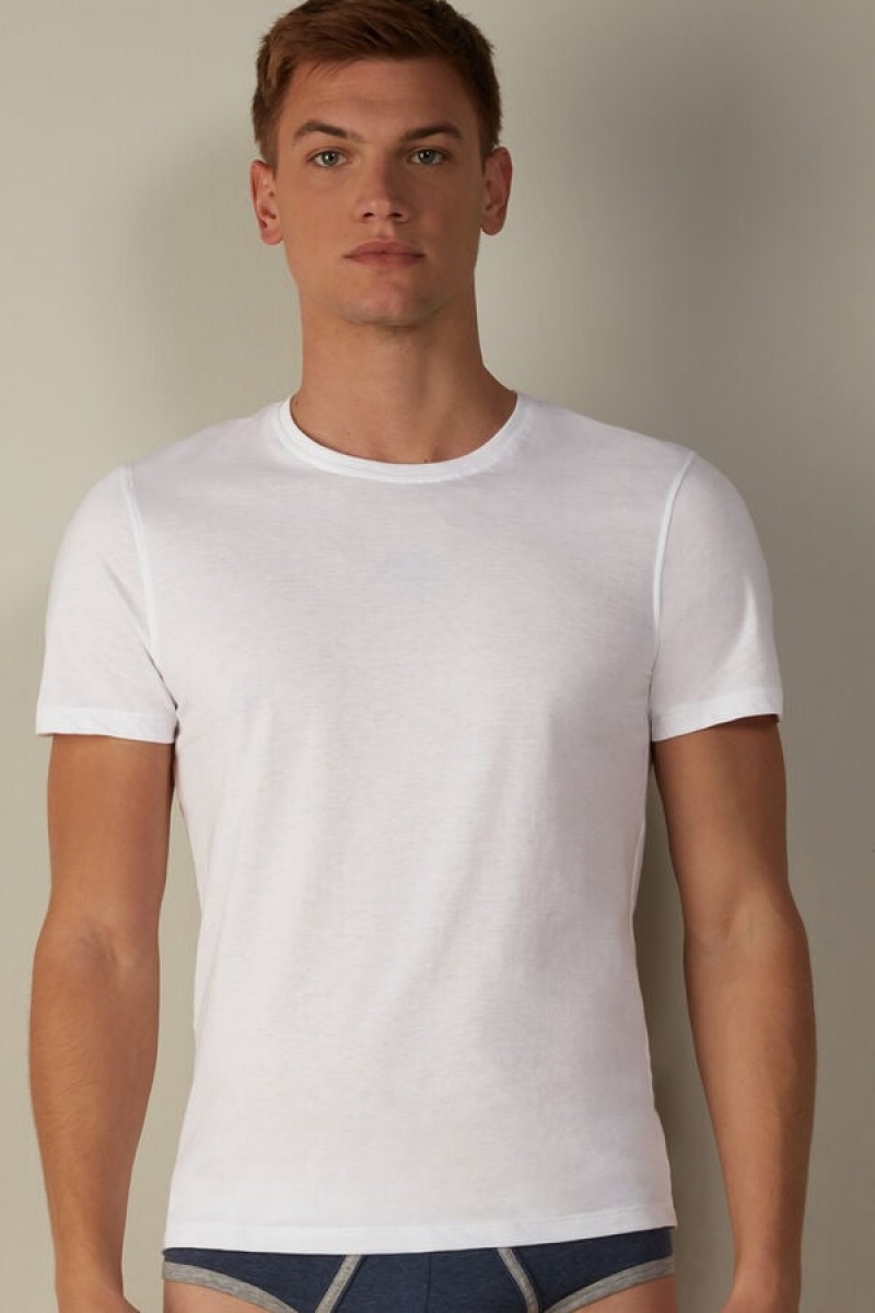 Pánské Pyžama Intimissimi Krátké-Sleeve Crew-Neck T-Shirt in Extra-Fine Supima® Bavlněné Bílé | CZ AP3169