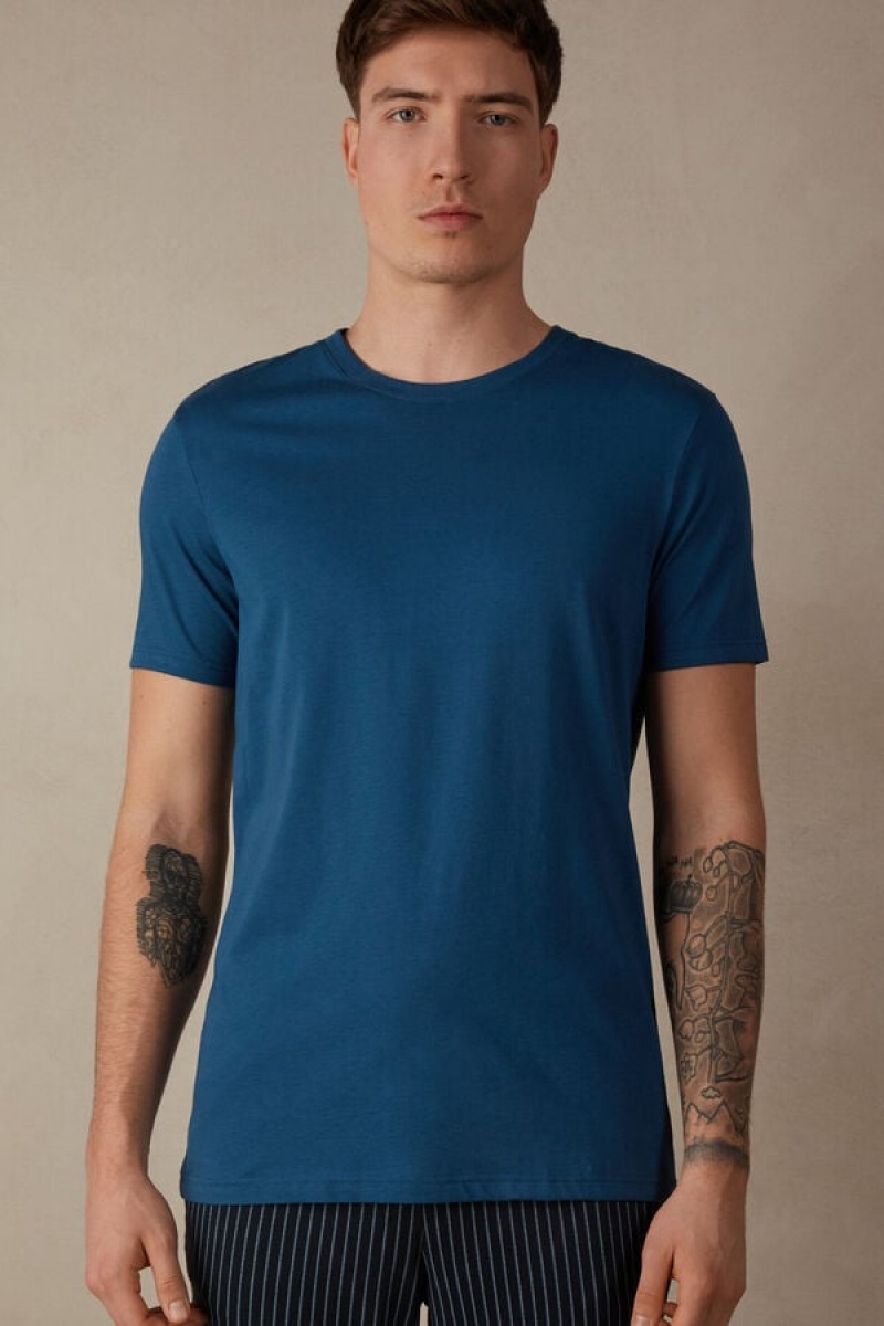 Pánské Pyžama Intimissimi Krátké Sleeve Crew Neck T Shirt in Supima® Bavlněné Bílé Blankyt | CZ YU3148