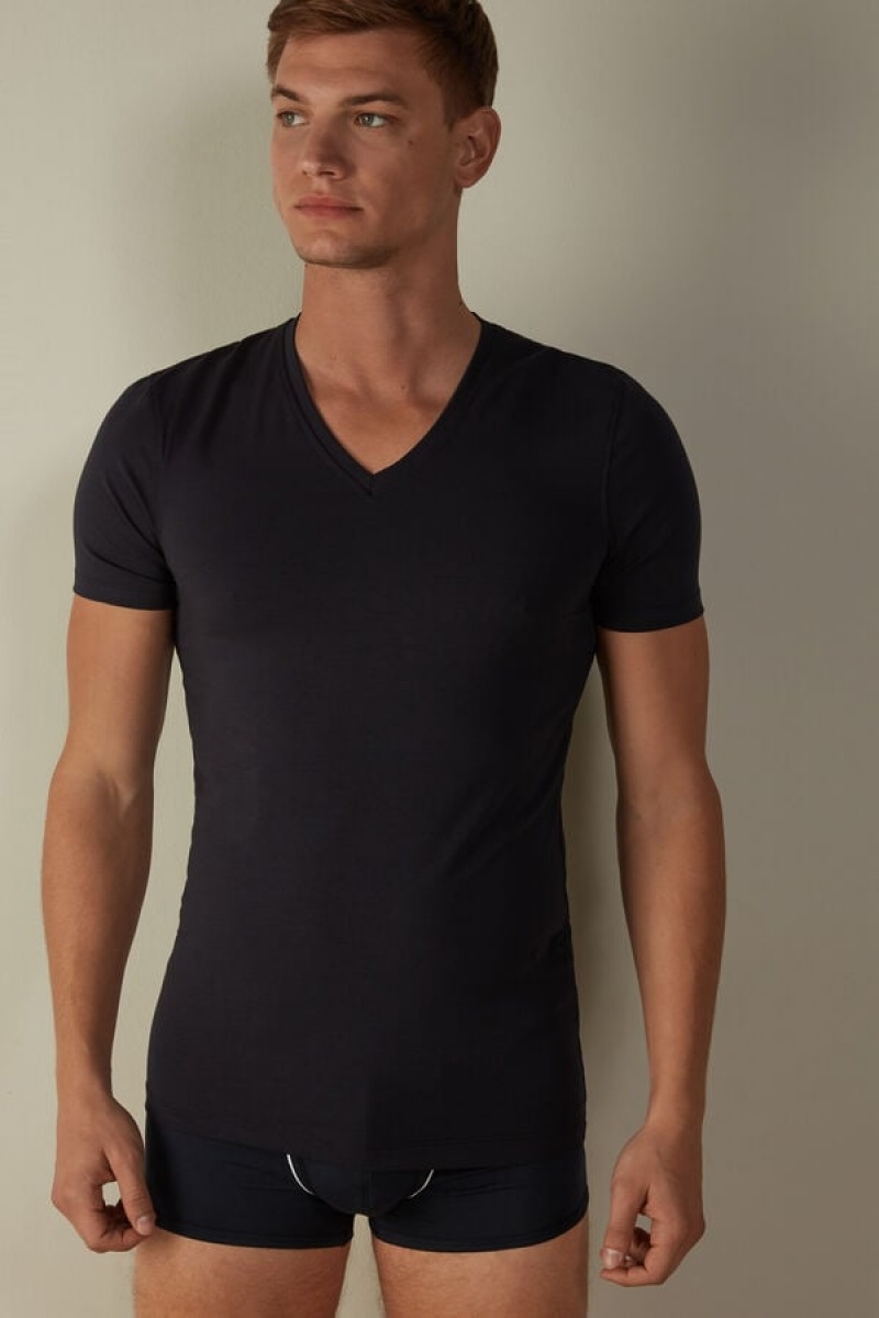 Pánské Tričko Intimissimi V-neck in Stretch Supima® Bavlněné Blankyt | CZ EX3035